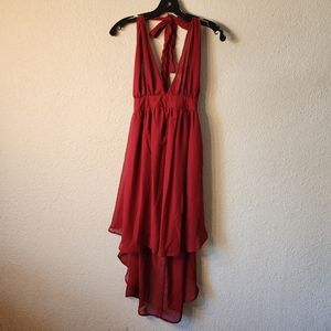 Azbro Women red Halter open back dress high low chiffon v neck sz small NWT sexy